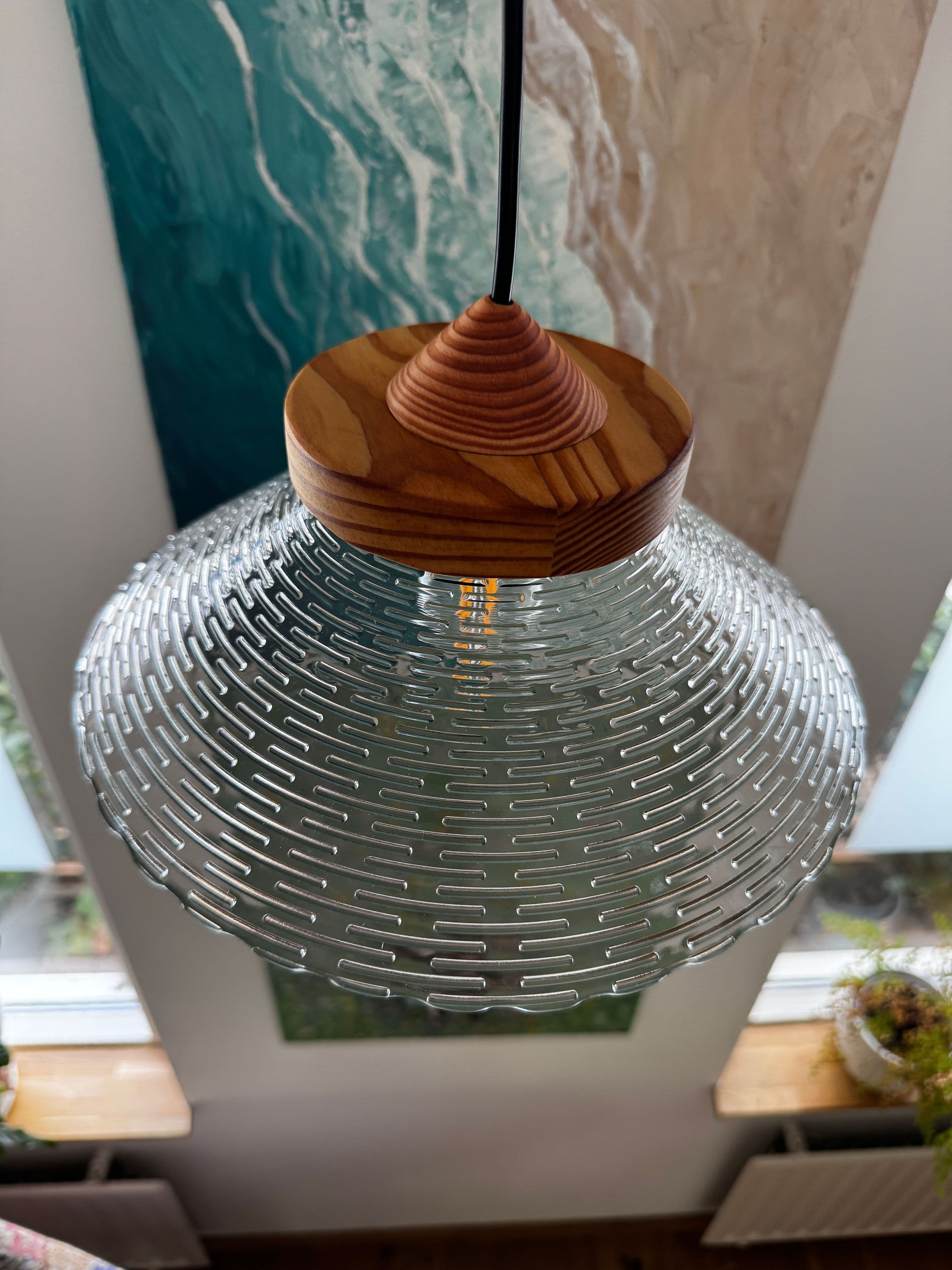 Glass bowl pendant light — handcrafted wooden lamp by TerraMadera