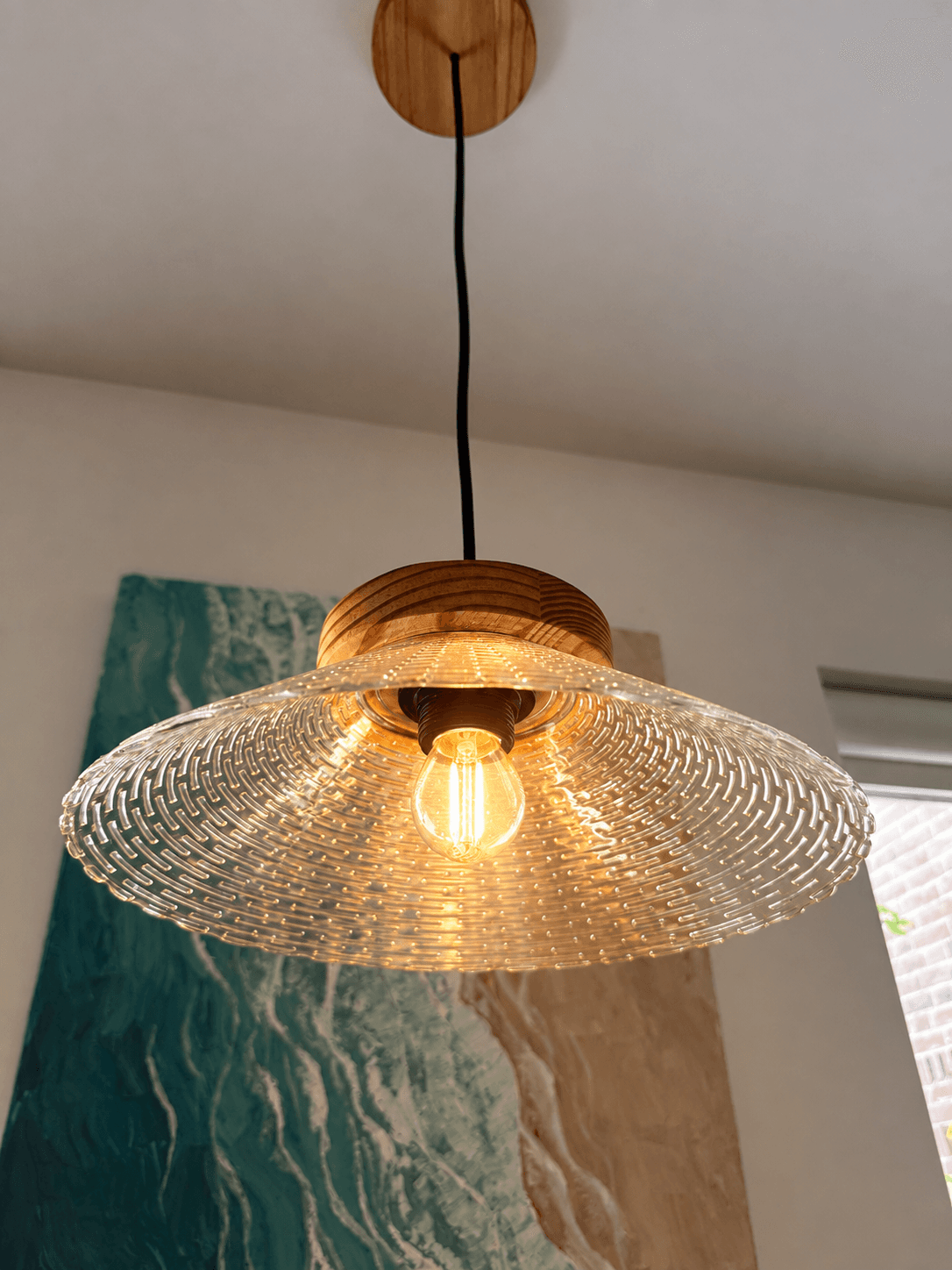 Glass bowl pendant light — handcrafted wooden lamp by TerraMadera